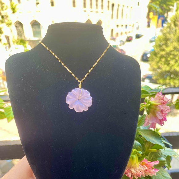 Sold! Hand Carved Rose Quartz Flower Necklace - Picture 2 of 3